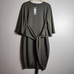 Boohoo Plus Kimono Sleeve Tie- Waist Wrap Dress Khaki Green Women's Size 12